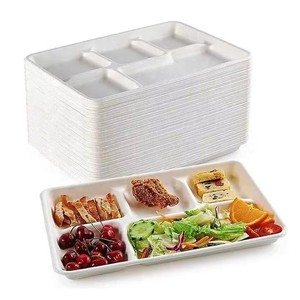 Fournisseurs chinois Assiettes de bagasse de canne à sucre à 5 compartiments Conteneur de boîte de restauration rapide <span class=keywords><strong>Plateau</strong></span> de <span class=keywords><strong>repas</strong></span> écologique pour le déjeuner de travail - Product Image 1