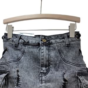 กางเกงขาสั้นผ้ายีนส์เอวสูงของผู้ชายระบายอากาศได้ดีฤดูร้อนมีซิปและเชือกรูด - Product Image 5