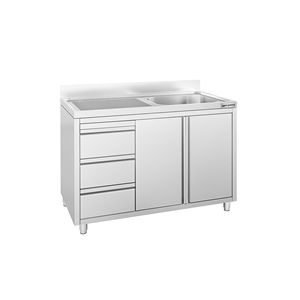 Meuble d'évier commercial PREMIUM - Acier inoxydable - 1200x600mm - 1 bac à droite - 3 tiroirs - Product Image 1