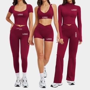 Ensemble de yoga pour femmes Perfect Industry, haut court bordeaux, leggings taille haute, spandex sans couture, respirant, vêtements de sport - Product Image 1