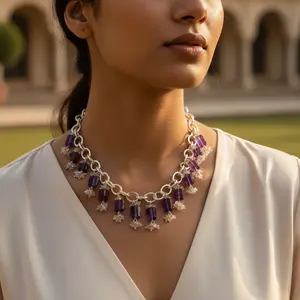 Collar Gargantilla de Plata con Amatista para Mujer, Joyería Religiosa con Piedras Preciosas en Forma de Cruz, Detalles Florales en Oro, Diamantes y Perlas - Product Image 1