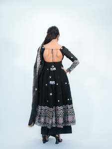 Designer Intricate Thread With Sequence Work Fandy Silk Anarkali <b>Top</b> With Bottom And Dupatta Fully Stitched Ready To Wear Set - Product Image 2