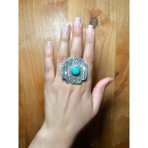 Tillie Jon Kingman <b>Boho</b> Style <b>Ring</b> Turquoise & Sterling <b>Silver</b> with Bezel Setting Size 9 Vermeil Rhodium Plating Everyday Wear - Product Image 5