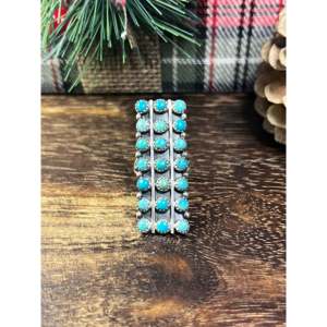 Navajo-Made <b>Statement</b> <b>Ring</b> with Kingman Turquoise & Sterling <b>Silver</b> Cluster Bezel Setting Size 8.75 for Everyday Wear - Product Image 1