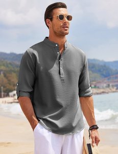 Camiseta de manga larga con cuello en V de diseñador en blanco logotipo personalizado algodón Lino playa cuello levantado Henry camiseta para hombres DDP envío - Product Image 2