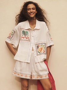 Women's Summer Boho Embroidered Breathable Eco-Friendly Cotton Shorts Elastic Waist Side <b>Tie</b> Tribal Hem Flat Front <b>Bow</b> ODM Made - Product Image 6