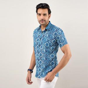 Chemise décontractée pour homme en popeline de coton bleu indigo, coupe classique, respirante, imprimée de fleurs, taille 6XL pour l'été - Product Image 5