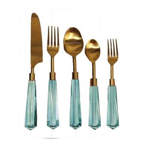 Juego de cubiertos de metal dorado de diseño simple con mango de resina azul claro para el hogar, hoteles y bodas, juegos de cubiertos para comer - Product Image 3