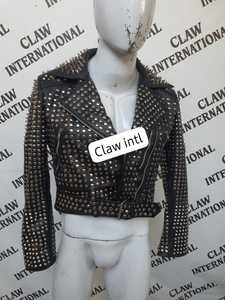 2022 chaqueta de motocicleta de Invierno para mujer personalizada Punk Rocker tachonado remache cuero Biker Crop piel de oveja proveedor directo - Product Image 4