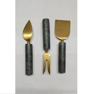 Ensemble de trois pièces de couteaux à fromage en acier inoxydable avec manche et têtes en marbre gris naturel Couteau de cuisine en or mat - Product Image 1