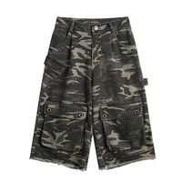 Shorts en jean cargo camouflage pour hommes, qualité de gros du fabricant, tissu denim, style baggy vintage, ourlet déchiré