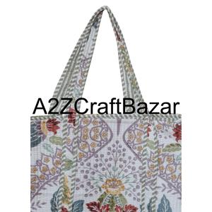 Sac fourre-tout en coton 100 % fait à la main, grand sac de bureau matelassé, imprimé floral en blocs, lavable, pour le shopping et l'usage quotidien - Product Image 3