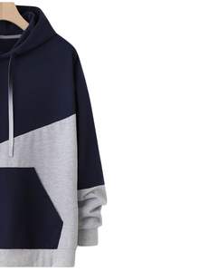 Sweat-shirt à capuche unisexe en polaire décontracté avec blocs de couleur bleu marine et gris clair, chaud pour l'hiver, avec poche kangourou - Product Image 2