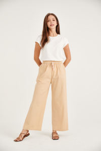 กางเกงสเวตเตอร์ใส่ได้ทั้งชายและหญิงผ้าลินินผ้ายืดเอวสูงโลโก้ขากว้างสีทึบสำหรับฤดูร้อน - Product Image 5