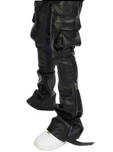 Pantalon de motard personnalisé pour homme, noir, coupe slim, décontracté, extensible, en cuir de vachette et toile, design vintage, nouvelle méthode de tricotage - Product Image 2