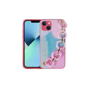 Étui en silicone de luxe rose foncé à motifs brillants pour iPhone 13 Plus, inspiré du design marbré, avec support de dragonne - Product Image 1