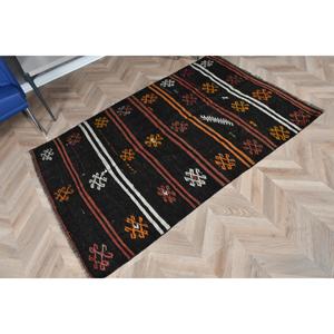 Tapis Kilim vintage 3,6 x 10,9 pieds, tapis persan turc en laine noire - Product Image 5