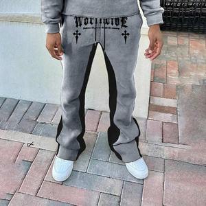 Wholesale <b>Oversized</b> <b>Jogger</b> Pants French Terry Sun Faded Vintage Letter Print Distressed Flared Men's Sweatpants - Product Image 1