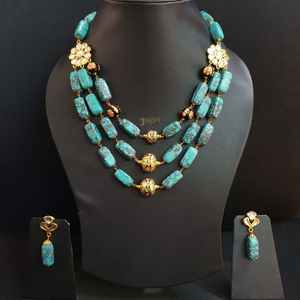 Ensemble collier et boucles d'oreilles en pierre de perles turquoise florales Kundan Bijoux de mode élégants - Product Image 3