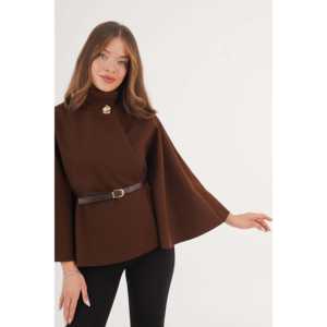 Poncho café à bouton unique pour femme avec ceinture – Manteaux pour femme en gros - Product Image 4