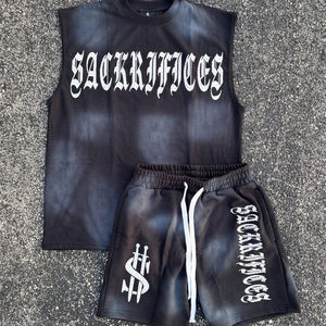 Venta al por mayor Vintage Acid Wash Serigrafía Chaleco Rhinestone hombres Short Street Style chándal en blanco para hombres - Product Image 1