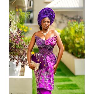 Vestido de Lujo Color Morado George con Corsé Bordado a Mano y Gele para Bodas - Product Image 2