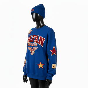 T-shirt à manches longues en molleton de coton premium, tissu brossé, bleu royal, appliqué brodé, logo personnalisé, t-shirt à manches longues en coton - Product Image 4