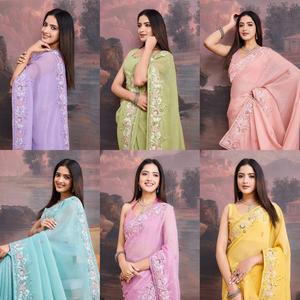 กำลังมองหาผ้าซารีผ้าไหมจอร์เจียต์ปักคุณภาพสูง FABZONE S101 สีเดียวกันนี้ สวยงาม เหมาะสำหรับงานแต่งงาน ระดับพรีเมียม - Product Image 2