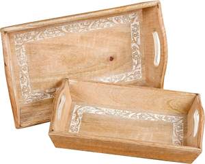 Plateau de bureau en bois sculpté décor rustique fait à la main classique plateau de bureau en bois pour papiers et plateau de service stationnaire - Product Image 3