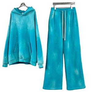 Conjunto de sudadera con capucha extragrande y pantalones deportivos de pierna ancha para mujer, estilo vintage lavado, teñido anudado, informal, de dos piezas, de felpa, holgado. - Product Image 1
