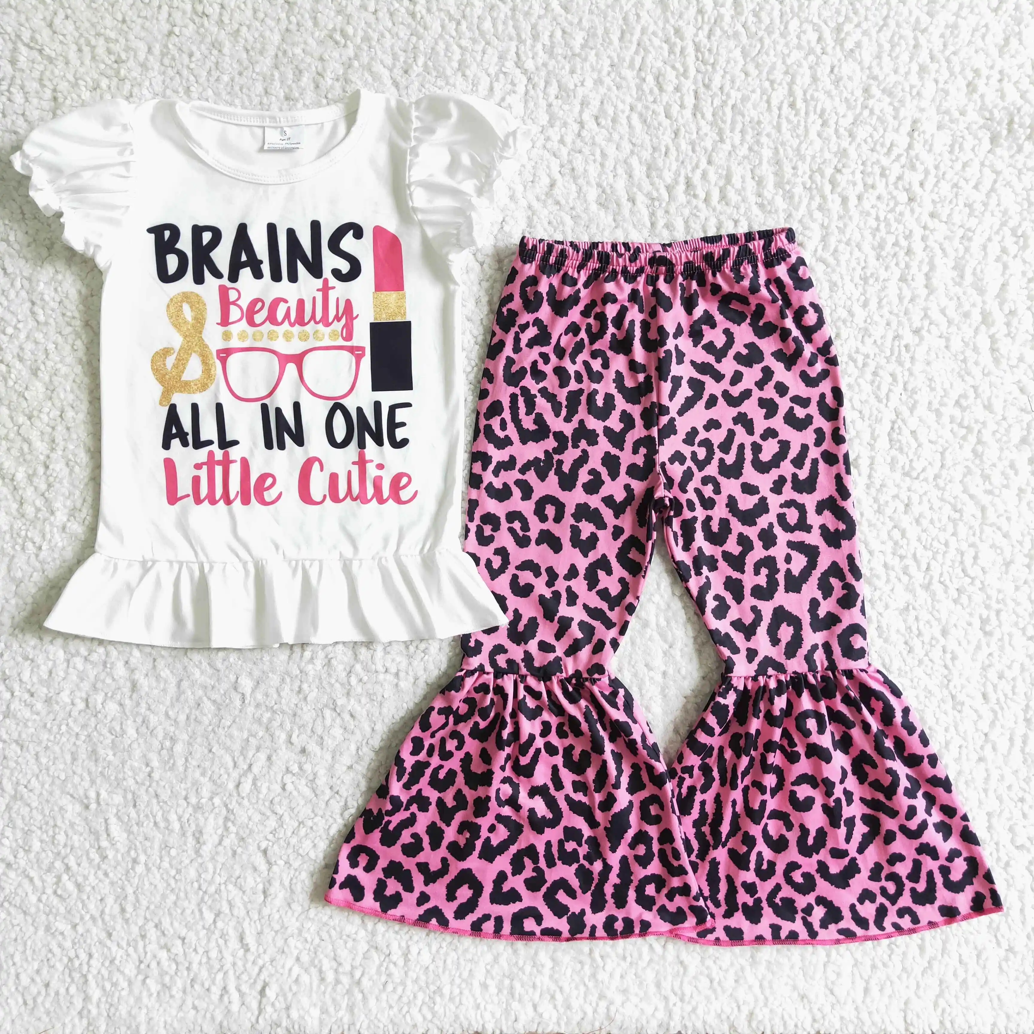 幼児女の赤ちゃんの服子供服美容小さなキューティー服セットピンクヒョウの鐘ボトムパンツ子供用ブティック
