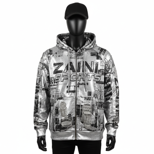 Sudadera con capucha con cremallera reflectante plateada 320GSM de alta calidad, tela de algodón y poliéster suave, logotipo de transferencia de calor personalizado, Sudadera con capucha básica con cremallera - Product Image 1