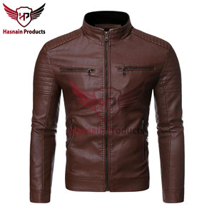 Chaqueta de Cuero Genuino Color Bronceado para Hombre, Estilo Motero, Cuello Alto, Chaqueta de Cuero para Motocicleta, Fabricante OEM ODM - Product Image 5