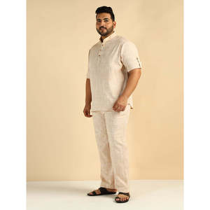 Amanush <b>Men's</b> Off White Handloom Cotton Plus Size Kurta With Mandarin Collar Short Sleeve Casual Summer Shirt Loose Fit - Product Image 3