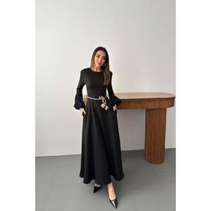 Black Balloon Sleeve <b>Belted</b> <b>Dress</b> - Black - Product Image 2