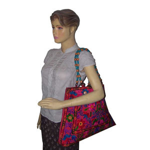 Large Capacity Bohemian Cotton <b>Tote</b> Handbag for Women Festive Floral Embroidery Bold Red Base Zipper Closure Portable Messenger - Product Image 2