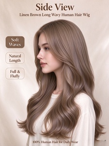 Peluca de Cabello Humano Largo y Ondulado Color Marrón Lino, Fibra Sintética con Ondas Suaves, Línea de Cabello Natural para Uso Diario - Product Image 2