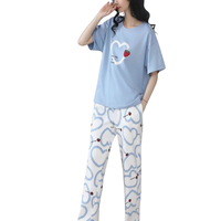 Setelan Piyama Musim Panas Rajutan Bambu Elegan Dua Potong Wanita, Lembut, Bernapas, Pakaian Tidur, Pakaian Santai, Logo Depan, Pinggang Elastis