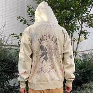 100% coton Street Wear sweats à capuche impression personnalisée Logo brodé sweat-shirt lavage à l'acide en détresse strass hommes sweat à capuche zippé - Product Image 2