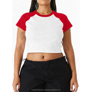 Nuevo blanco rojo Crop Tops Rib Raglan Baby Tee Estilo Clásico de Béisbol mangas casquillo con camisetas de algodón transpirable - Product Image 1