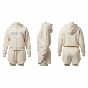 <b>Women</b> Cream Zip Up Hoodie Tracksuit Set 2 Piece Letter Print Loose <b>Long</b> Sleeve Hooded Top <b>Shorts</b> Casual Outfit - Product Image 1