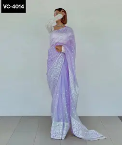 Saree à bordure en dentelle fantaisie de style indien avec soie organza et broderie Chemisier à séquence de broderie en Georgette pour tenue de fête - Product Image 1