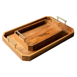 Plateau de service en bois de manguier fait à la main avec un design unique en feuille d'or, poignées en laiton, plateau rectangulaire décoratif pour table basse de cuisine - Product Image 6