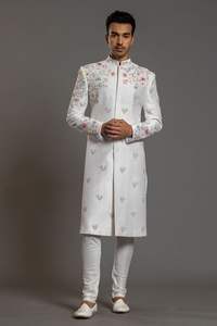 2023 nouveau costume de mariage Sherwani blanc à la mode lourd Zari broderie respirant simple boutonnage soie brute pantalon robe grande taille - Product Image 2
