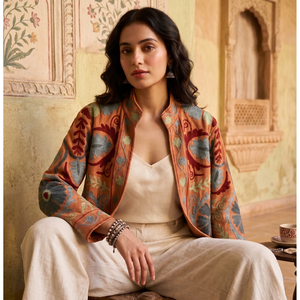 Elegant Hand Embroidered Floral Blazer <b>Mandarin</b> <b>Collar</b> Full Sleeve Cotton Spring Women's <b>Jacket</b> - Product Image 1