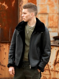 En stock Veste de camionneur classique pour homme gris anthracite moutarde col de chemise en peau de mouton véritable décontracté cuir léger et lisse - Product Image 2