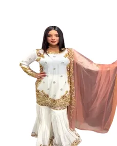 White And Gold Colored Launching New Designer Party Wear Look Top Dhoti Salwar and Dupatta For Ten Women