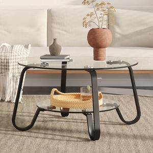 Table basse double étagère de style industriel moderne, écologique, avec plateau en verre trempé et structure en fer noir, pour salon - Product Image 3