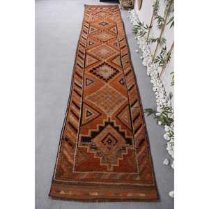 Tapis Turc Vintage Orange Noir 2.7 X 14.1ft Classique Ethnique Rectangle Motif Laine Matériel Latex pour la Vie d'Entrée d'Adolescent - Product Image 1