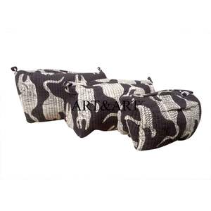 Wholesale 100% Cotton Zipper <b>Pouch</b> 3-Piece Quilted Cosmetic Accessory Bag Set Eco-Friendly Women's Makeup <b>Pouch</b> for Bag - Product Image 3